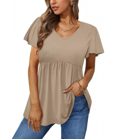 Women Ruffle Short Sleeve V Neck Oversized Shirt Tunic Babydoll Tops 15-khaki $14.08 Tops