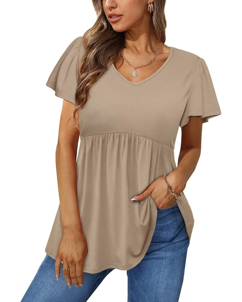 Women Ruffle Short Sleeve V Neck Oversized Shirt Tunic Babydoll Tops 15-khaki $14.08 Tops