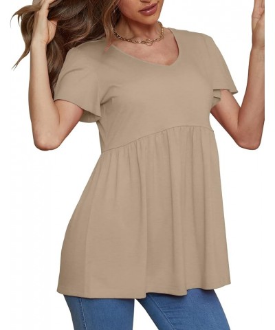 Women Ruffle Short Sleeve V Neck Oversized Shirt Tunic Babydoll Tops 15-khaki $14.08 Tops