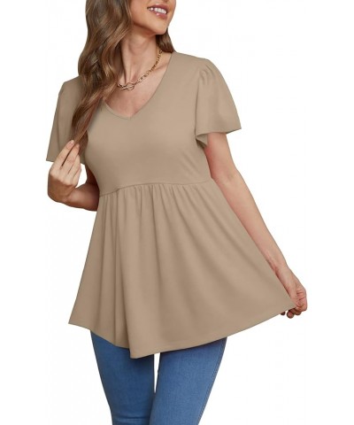 Women Ruffle Short Sleeve V Neck Oversized Shirt Tunic Babydoll Tops 15-khaki $14.08 Tops