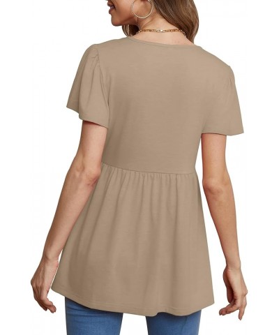 Women Ruffle Short Sleeve V Neck Oversized Shirt Tunic Babydoll Tops 15-khaki $14.08 Tops