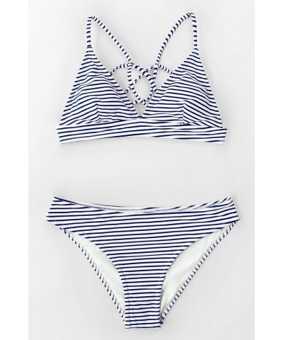 Women’s Bikini Swimsuit Stripe V Neck Back Cross Two Piece Bathing Suit Blue Horizontal Stripes $13.20 Swimsuits