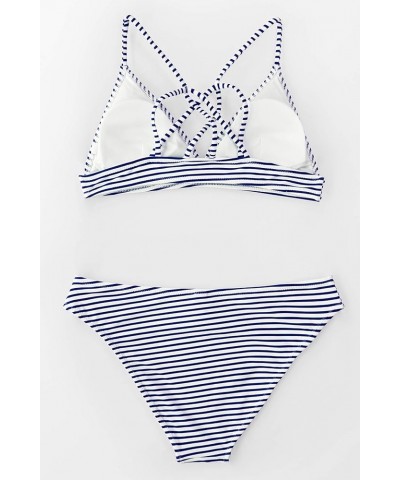 Women’s Bikini Swimsuit Stripe V Neck Back Cross Two Piece Bathing Suit Blue Horizontal Stripes $13.20 Swimsuits