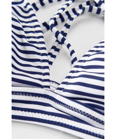 Women’s Bikini Swimsuit Stripe V Neck Back Cross Two Piece Bathing Suit Blue Horizontal Stripes $13.20 Swimsuits