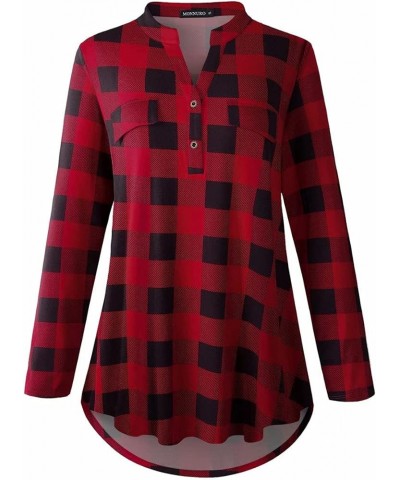 Womens Plaid Shirts Henley V Neck Casual Loose Long Sleeve Tunic Tops T-Shirt Blouses Bb Red $11.25 Tops