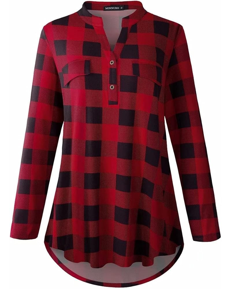 Womens Plaid Shirts Henley V Neck Casual Loose Long Sleeve Tunic Tops T-Shirt Blouses Bb Red $11.25 Tops