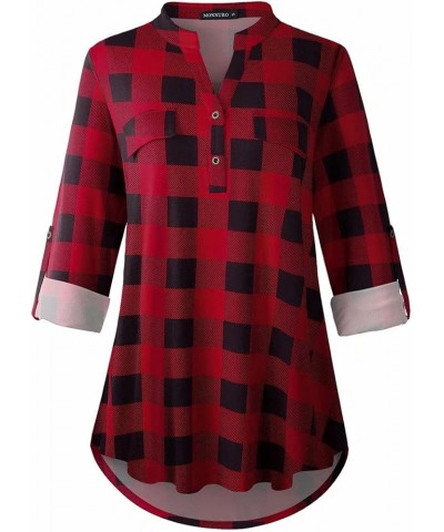 Womens Plaid Shirts Henley V Neck Casual Loose Long Sleeve Tunic Tops T-Shirt Blouses Bb Red $11.25 Tops