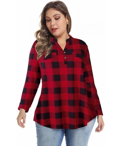 Womens Plaid Shirts Henley V Neck Casual Loose Long Sleeve Tunic Tops T-Shirt Blouses Bb Red $11.25 Tops