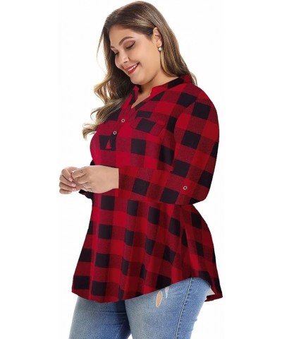 Womens Plaid Shirts Henley V Neck Casual Loose Long Sleeve Tunic Tops T-Shirt Blouses Bb Red $11.25 Tops