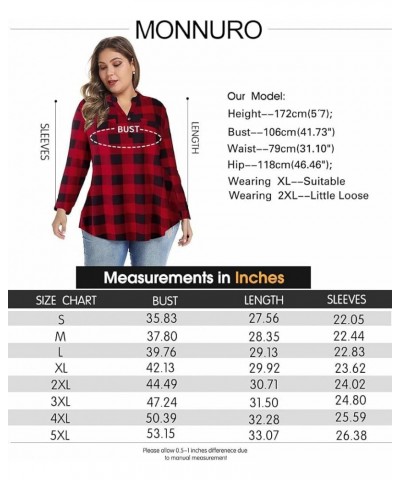 Womens Plaid Shirts Henley V Neck Casual Loose Long Sleeve Tunic Tops T-Shirt Blouses Bb Red $11.25 Tops