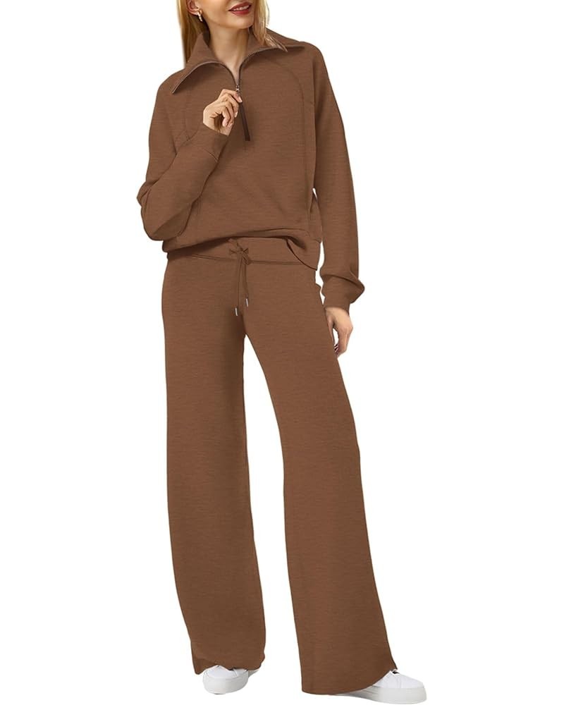 Lounge Sets For Women 2023 Oversized Half Zip Sweatshirt And Wide Leg Sweatpant 2 Piece Outfits Sweatsuit Tracksuit Brown $31...