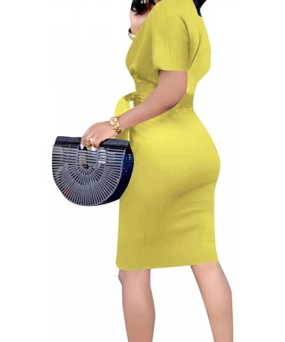 Women's Crewneck Batwing Short Sleeve Bodycon Work Pencil Mini Dress with Belt Yellow $25.84 Dresses