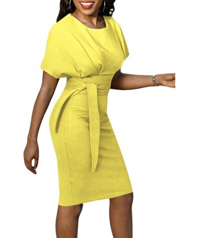 Women's Crewneck Batwing Short Sleeve Bodycon Work Pencil Mini Dress with Belt Yellow $25.84 Dresses