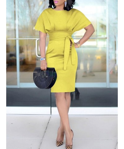 Women's Crewneck Batwing Short Sleeve Bodycon Work Pencil Mini Dress with Belt Yellow $25.84 Dresses