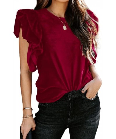 Womens Elegant Ribbed Velvet Top Crew Neck Short Ruffle Sleeve Casual T Shirt Blouse Wine $21.05 Blouses