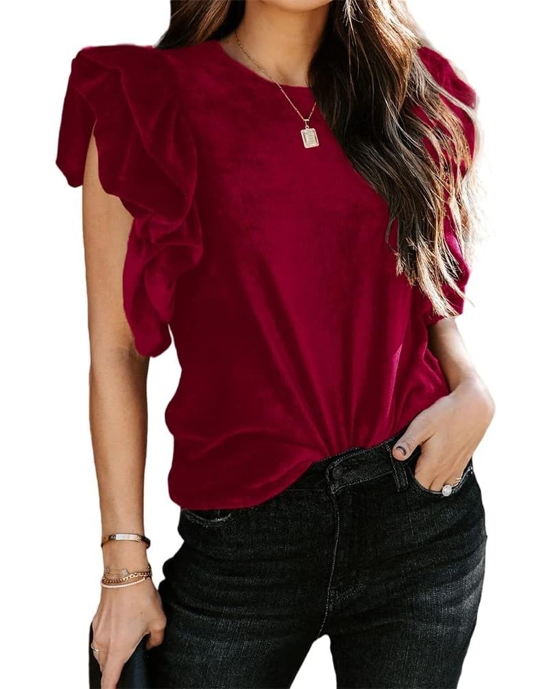 Womens Elegant Ribbed Velvet Top Crew Neck Short Ruffle Sleeve Casual T Shirt Blouse Wine $21.05 Blouses