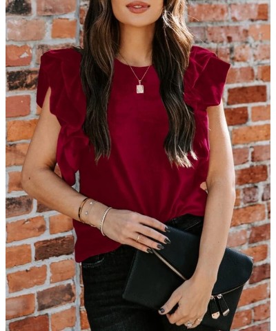 Womens Elegant Ribbed Velvet Top Crew Neck Short Ruffle Sleeve Casual T Shirt Blouse Wine $21.05 Blouses