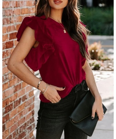 Womens Elegant Ribbed Velvet Top Crew Neck Short Ruffle Sleeve Casual T Shirt Blouse Wine $21.05 Blouses