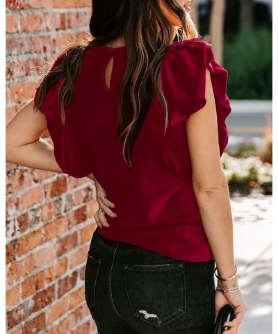 Womens Elegant Ribbed Velvet Top Crew Neck Short Ruffle Sleeve Casual T Shirt Blouse Wine $21.05 Blouses