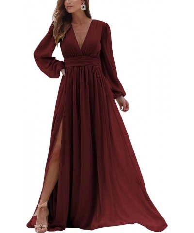 Long Sleeves Bridesmaid Dresses with Slit Pleated V Neck Chiffon Wedding Guest Gowns Formal Evening Dress for Women Burgundy ...