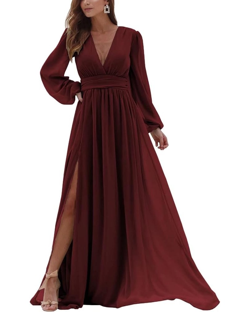 Long Sleeves Bridesmaid Dresses with Slit Pleated V Neck Chiffon Wedding Guest Gowns Formal Evening Dress for Women Burgundy ...