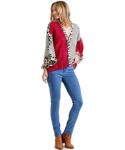 Umgee Women's Animal Mixed Print Ruffled Sleeve Surplice Top Red / Off White $25.55 Tops