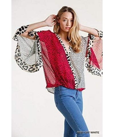 Umgee Women's Animal Mixed Print Ruffled Sleeve Surplice Top Red / Off White $25.55 Tops