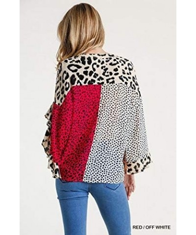 Umgee Women's Animal Mixed Print Ruffled Sleeve Surplice Top Red / Off White $25.55 Tops