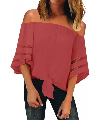 Women Off The Shoulder Tops 3/4 Bell Sleeve Mesh Tie Knot Shirt Blouse Tea Rose $18.49 Blouses