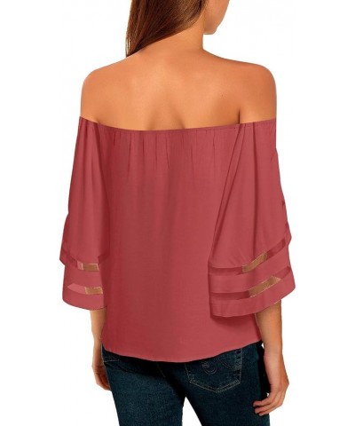 Women Off The Shoulder Tops 3/4 Bell Sleeve Mesh Tie Knot Shirt Blouse Tea Rose $18.49 Blouses