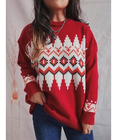 Women's Retro Sweater Fair Isle Knitted Tops Casual Loose Crewneck Long Sleeve Lightweight Cropped Pullover Sweaters Style2-1...