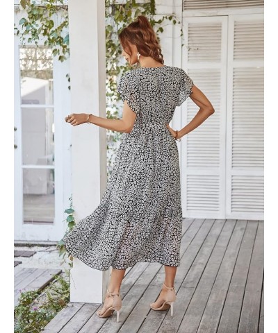 Women's 2024 Floral Boho Dress Wrap V Neck Short Sleeve Ruffle Hem Flowy Long Maxi Dresses Black $16.82 Dresses