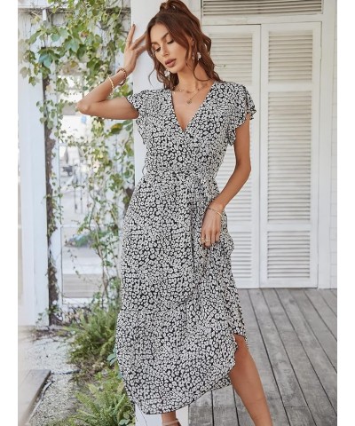 Women's 2024 Floral Boho Dress Wrap V Neck Short Sleeve Ruffle Hem Flowy Long Maxi Dresses Black $16.82 Dresses