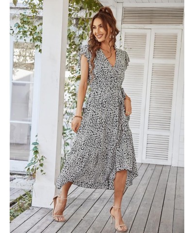 Women's 2024 Floral Boho Dress Wrap V Neck Short Sleeve Ruffle Hem Flowy Long Maxi Dresses Black $16.82 Dresses