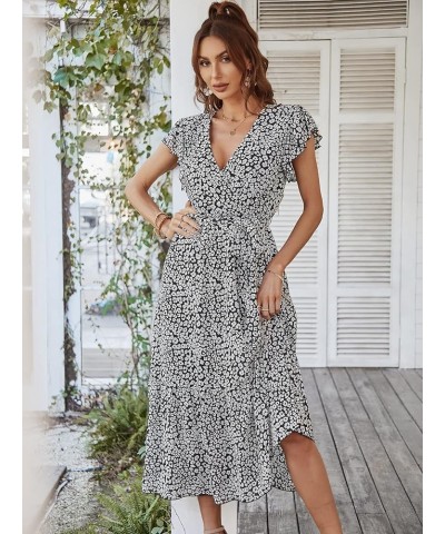 Women's 2024 Floral Boho Dress Wrap V Neck Short Sleeve Ruffle Hem Flowy Long Maxi Dresses Black $16.82 Dresses