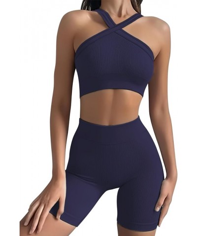 Ribbed Women Workout Sets 2 Piece Seamless Matching Gym Yoga Work Out Set A_navy Yoga $16.80 Activewear