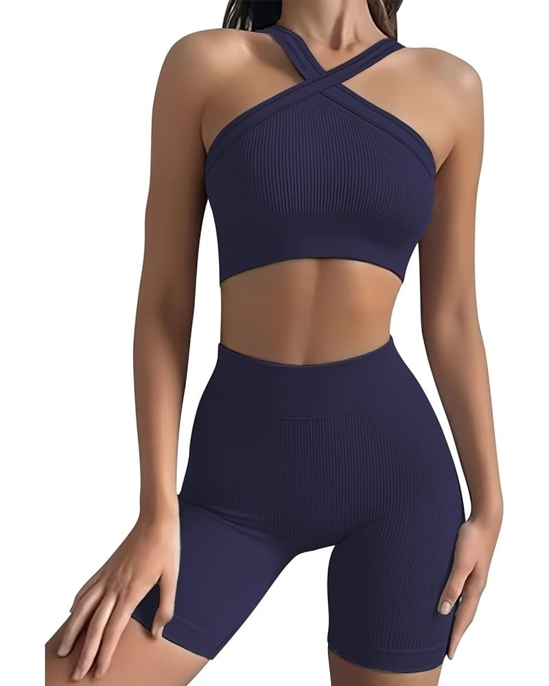 Ribbed Women Workout Sets 2 Piece Seamless Matching Gym Yoga Work Out Set A_navy Yoga $16.80 Activewear