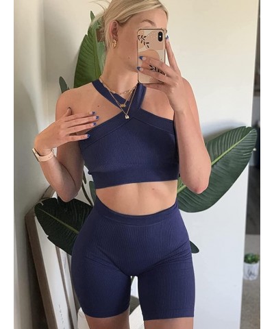 Ribbed Women Workout Sets 2 Piece Seamless Matching Gym Yoga Work Out Set A_navy Yoga $16.80 Activewear