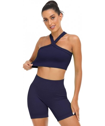 Ribbed Women Workout Sets 2 Piece Seamless Matching Gym Yoga Work Out Set A_navy Yoga $16.80 Activewear