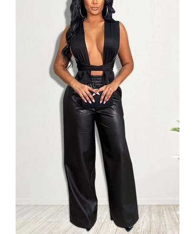 Women Casual High Waisted Belted PU Wide Legs Pants Faux Leather Pant with Pockets Black-3 $20.07 Leggings