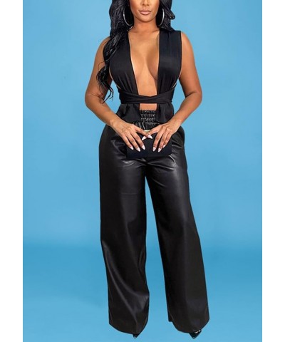 Women Casual High Waisted Belted PU Wide Legs Pants Faux Leather Pant with Pockets Black-3 $20.07 Leggings