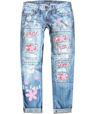 Womens Patchwork Stretch Boyfriend Distressed Ripped Jeans Sunflower Print Ripped Destroyed Denim Pants with Pockets 05-blue ...