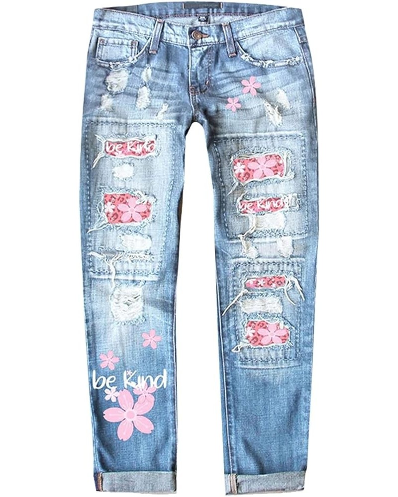 Womens Patchwork Stretch Boyfriend Distressed Ripped Jeans Sunflower Print Ripped Destroyed Denim Pants with Pockets 05-blue ...