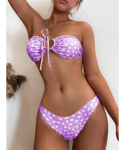 Women's Floral Print Tie Front Bandeau Bikini Bathing Suit 2 Piece Swimsuits Purple Floral $15.68 Swimsuits