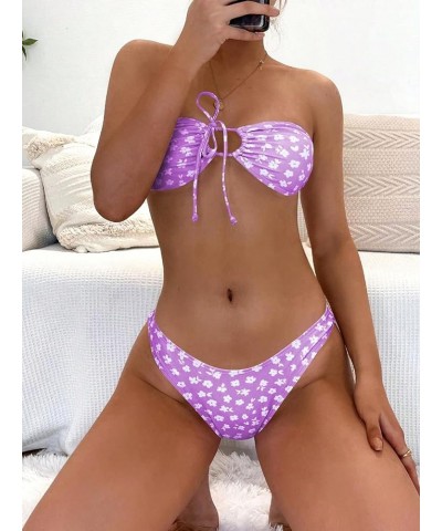 Women's Floral Print Tie Front Bandeau Bikini Bathing Suit 2 Piece Swimsuits Purple Floral $15.68 Swimsuits