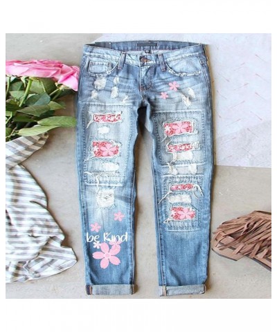 Womens Patchwork Stretch Boyfriend Distressed Ripped Jeans Sunflower Print Ripped Destroyed Denim Pants with Pockets 05-blue ...