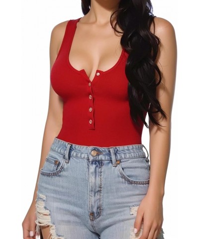 Women's Henley Shirt Scoop Neck Button Down Ribbed Sleeveless Tank Top Long Sleeve Short Sleeve Bodysuits Sleeveless Red $17....