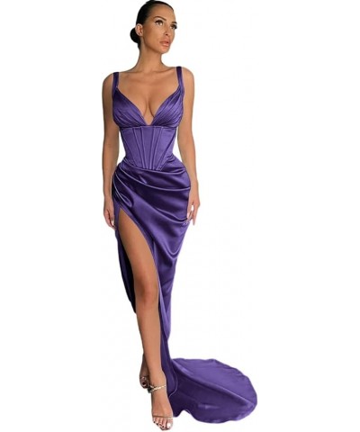 Women's Satin Mermaid Prom Dresses Long Spaghetti Straps V Neck Pleated Formal Evening Party Gowns with Slit Regency $28.80 D...