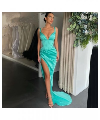 Women's Satin Mermaid Prom Dresses Long Spaghetti Straps V Neck Pleated Formal Evening Party Gowns with Slit Regency $28.80 D...