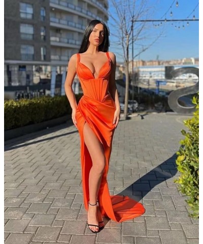 Women's Satin Mermaid Prom Dresses Long Spaghetti Straps V Neck Pleated Formal Evening Party Gowns with Slit Regency $28.80 D...